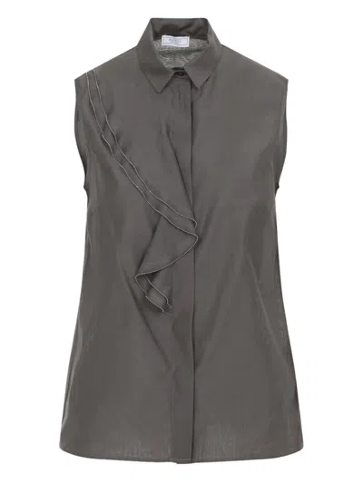 Peserico Silk Cotton Top Collared Neck Ruffle Sleeveless In Gray