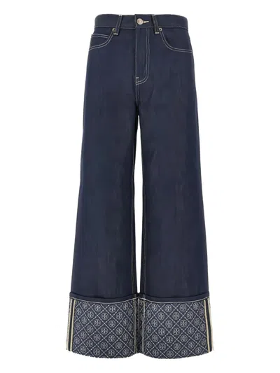 Tory Burch Contrast Cuff Straight Leg Jeans In Blue