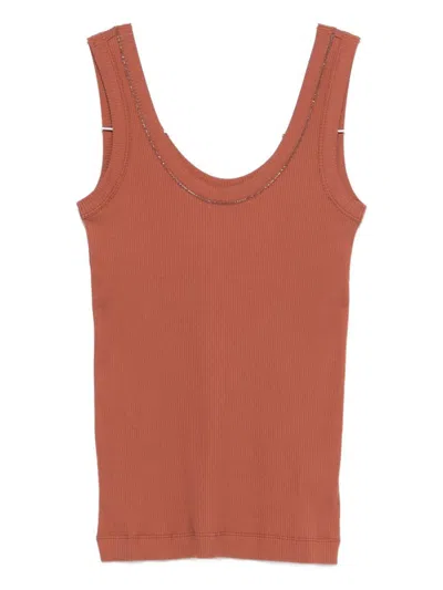 Brunello Cucinelli Cotton Tank Scoop Neck Ribbed Contrast In Orange