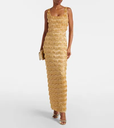 Rachel Gilbert Embellished Sequined Gown In Brown