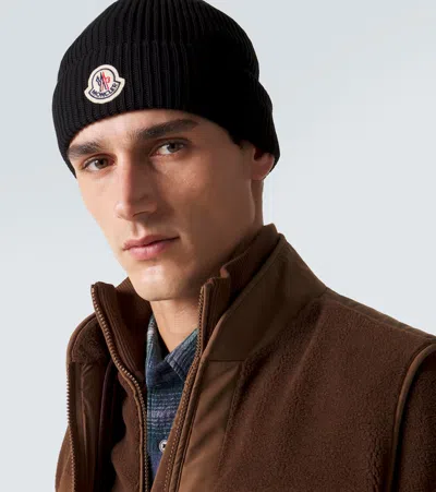 Moncler Ribbed Texture Wool Hat Winter Style In Black