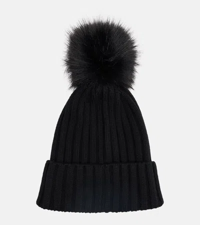 Moncler Ribbed Knit Wool Beanie With Faux Fur Pom-pom In Black
