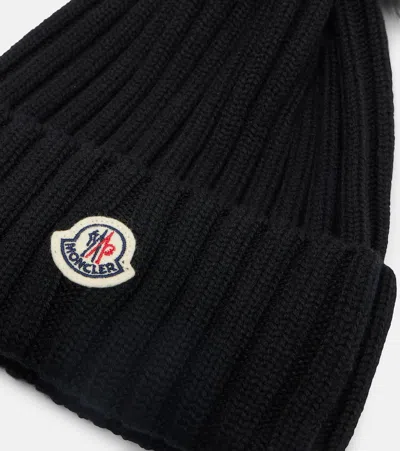 Moncler Ribbed Knit Wool Beanie With Faux Fur Pom-pom In Black