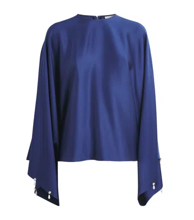 Stella Mccartney Navy Blue Envers Satin Pearl And Crystal-embellished Blouse In Blue