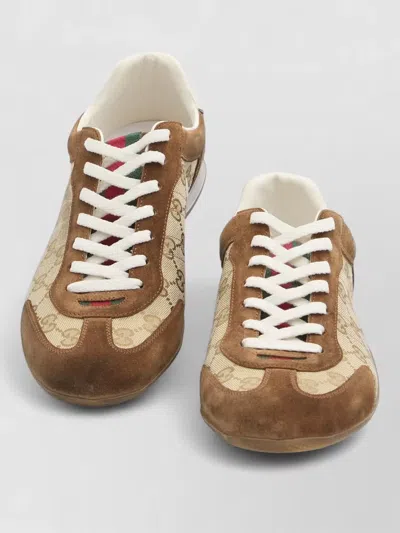 Gucci Shift Suede Sneakers With Gg Supreme Fabric Inserts In Brown