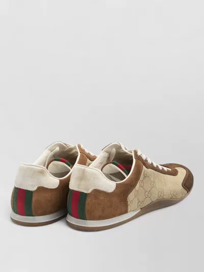 Gucci Shift Suede Sneakers With Gg Supreme Fabric Inserts In Brown