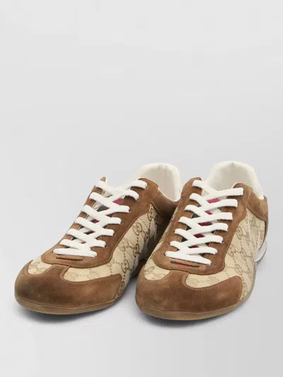 Gucci Shift Suede Sneakers With Gg Supreme Fabric Inserts In Brown