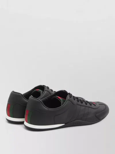 Gucci Men Black Low Top Sneakers With Web Tongue In Leather Man In Black