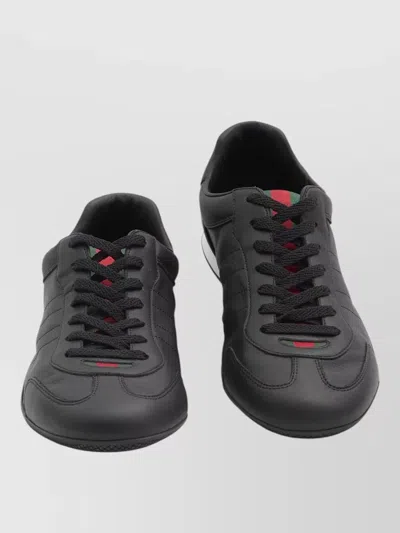 Gucci Men Black Low Top Sneakers With Web Tongue In Leather Man In Black