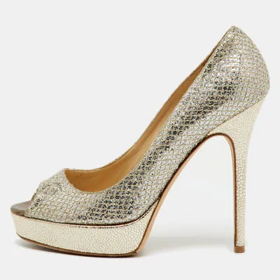 Jimmy Choo Metallic Gold Glitter Fabric Dahlia Peep Toe Platform Pumps In Multi