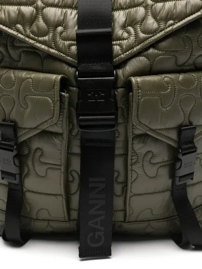Ganni Nylon Backpack Quilt Pattern Top Handle In Green
