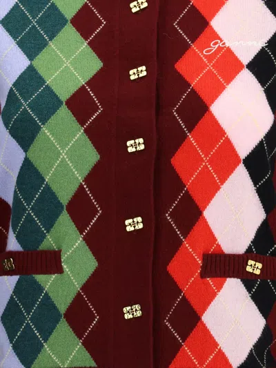 Ganni Burgundy Checked Cardigan In Cashmere Blend Women In Multi