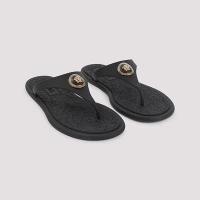 Versace Flat Sole Open Toe Sandals With Medusa Motif In Black