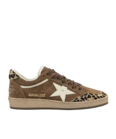 Golden Goose Sneaker Ballstar Low Top With Star Patch With Glitter And Animalier Print In Brown Suede For Women