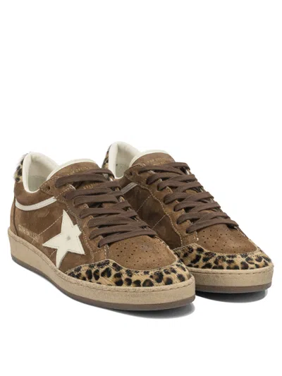 Golden Goose Sneaker Ballstar Low Top With Star Patch With Glitter And Animalier Print In Brown Suede For Women