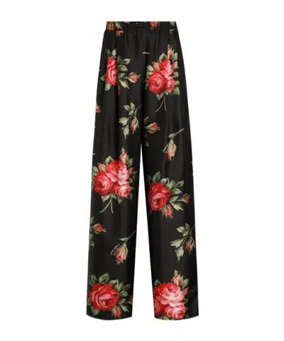 Dolce & Gabbana Women Wide-leg Pants With A Rose Bouquet Print In Black