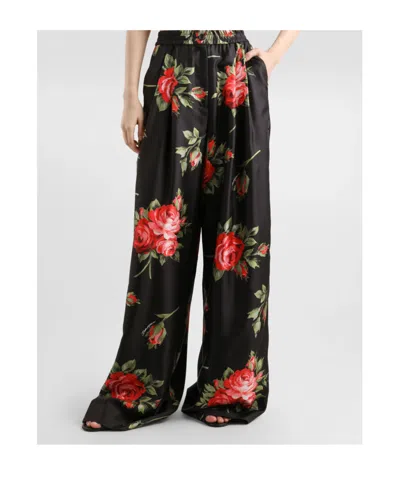 Dolce & Gabbana Women Wide-leg Pants With A Rose Bouquet Print In Black