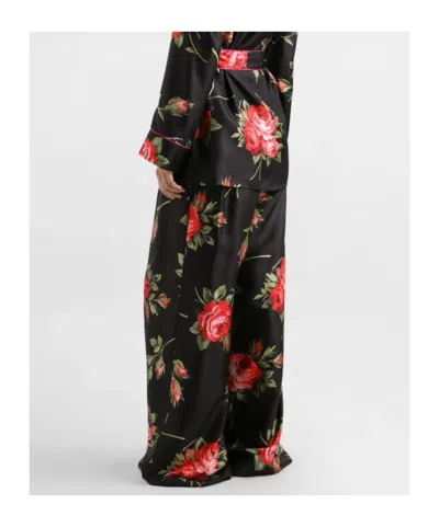 Dolce & Gabbana Women Wide-leg Pants With A Rose Bouquet Print In Black