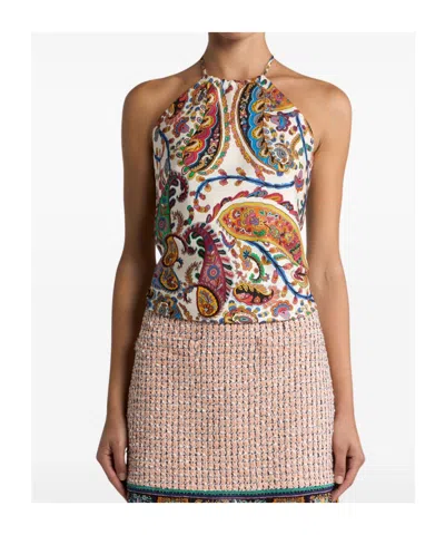 Etro Women Silk Top With American Neckline And Floral Paisley Pattern In Multi