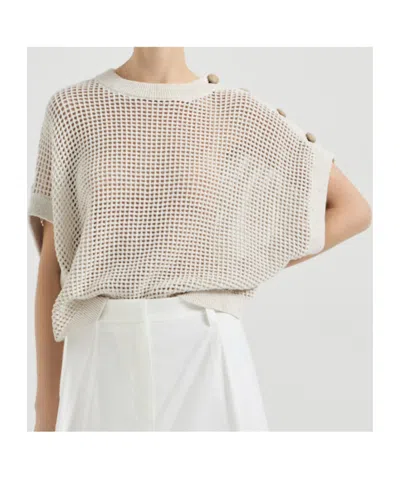 Brunello Cucinelli Buttoned Open-knit Top In Brown