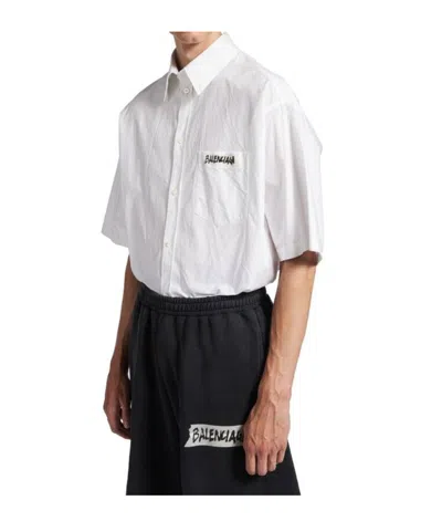 Balenciaga Short Sleeve Silk Blend Button Down Shirt In White