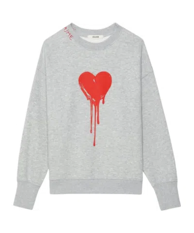 Zadig & Voltaire Womens Gris Chine Clai Oscar Heart-print Long-sleeve Cotton-jersey Sweatshirt In Gray