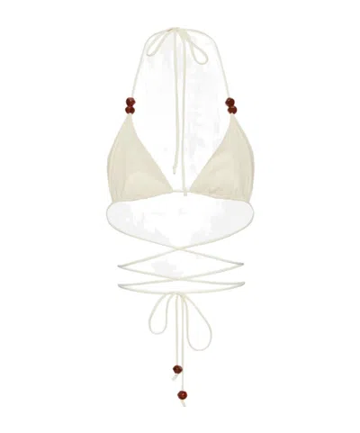 Magda Butrym Strappy Triangle Bikini Top In Cream With Beads In White