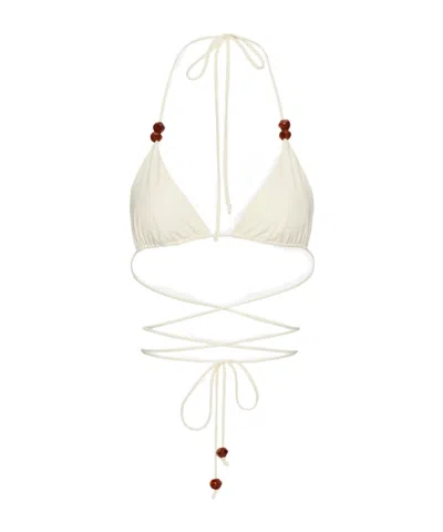 Magda Butrym Strappy Triangle Bikini Top In Cream With Beads In White
