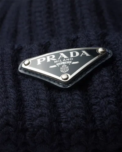 Prada Dark Blue Wool Beanie Hat In Brown