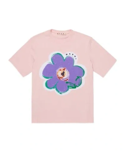 Marni Kids Floral Printed Crewneck T-shirt In Pink