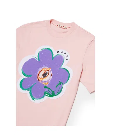 Marni Kids Floral Printed Crewneck T-shirt In Pink