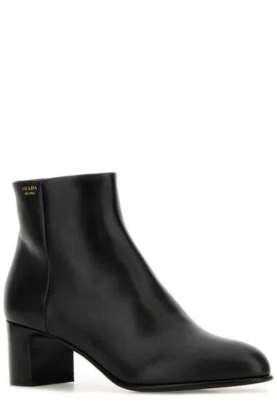 Prada Leather Ankle Boots Block Heel Design In Black