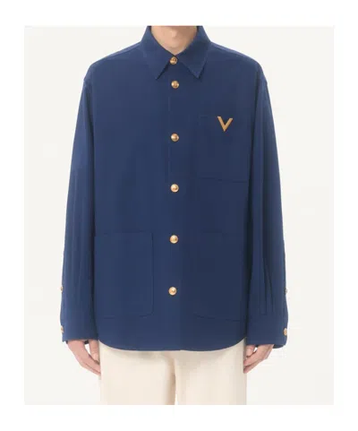 Valentino Cotton Gabardine Shirt Jacket With Vgold In Blue