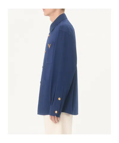 Valentino Cotton Gabardine Shirt Jacket With Vgold In Blue