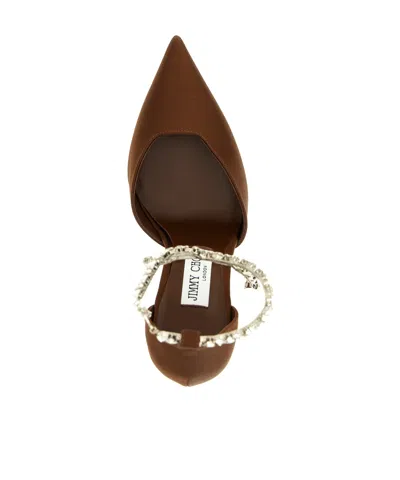 Jimmy Choo Stevie Pumps Ankle Strap Embellished Satin Pointed In Brown