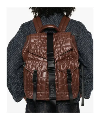 Ganni Quilted-design Backpack In Brown