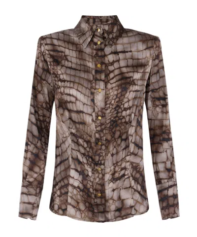Elisabetta Franchi Shirt In Satin Fabric With Alligator Print In Brown