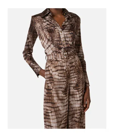 Elisabetta Franchi Shirt In Satin Fabric With Alligator Print In Brown