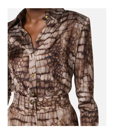 Elisabetta Franchi Shirt In Satin Fabric With Alligator Print In Brown