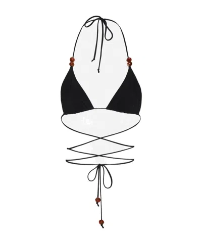 Magda Butrym Strappy Triangle Bikini Top In Black With Beads In Black