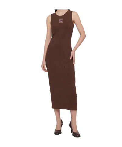 Marni Ribbed Logo-patch Midi Dress In Brown