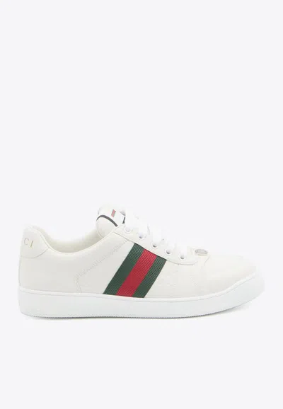 Gucci Leather Sneakers With Lateral Web Band In White