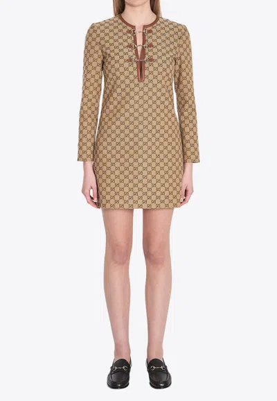 Gucci Beige Crewneck Mini Dress With Horsebit On The Front In Gg Canvas Woman In Brown