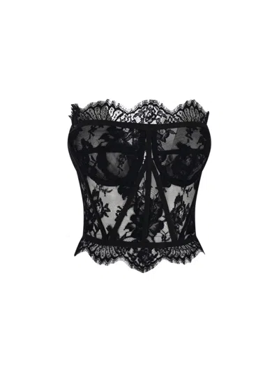 Dolce & Gabbana Top Floral Pattern Lace Detailing Scalloped Edges In Black