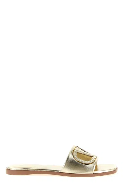 Valentino Garavani Gold Vlogo Cutout Laminated Nappa Leather Sandals In Platinum Antique Brass