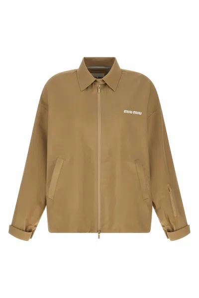 Miu Miu Tech Fabric Windbreaker Jacket Collared Design In Brown