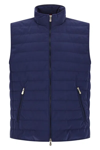 Brunello Cucinelli High Neck Quilted Sleeveless Down Vest In Blue
