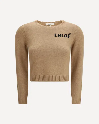 Chloé Wool And Cashmere Blend Sweater With Logo In Brown