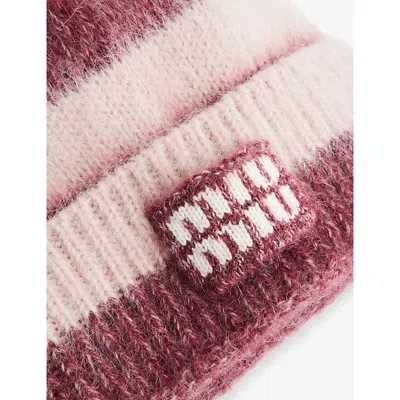 Miu Miu Womens Amaranto+pesca Striped Logo-patch Wool-blend Beanie Hat