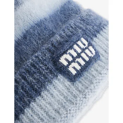 Miu Miu Womens Blu+cielo Striped Logo-patch Wool-blend Beanie Hat